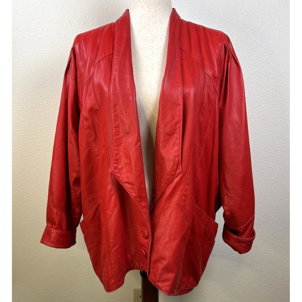 VTG Red Leather Coat Vera Pelle Italy Tuxedo Cut Working Girl Tess McGill 80's